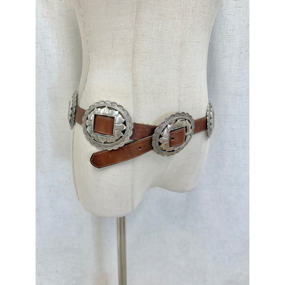 Vintage '93 Brown Leather Sunflower Silver Concho Belt Womens Large Southwestern - Picture 16 of 16